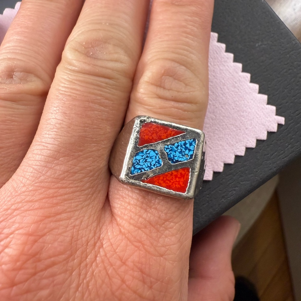 Men's Silver Inlay Ring with Blue and Red Mosaic Accents - Picture 2 of 6